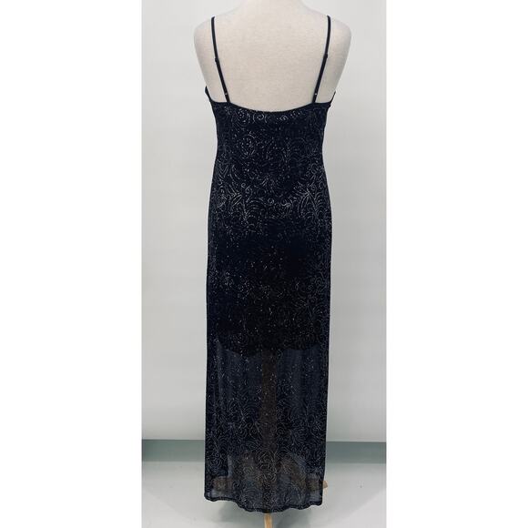 Vintage Y2k Maxi Overlay Glitter Floral Dress Split Front Gown Black Silver - Picture 8 of 11